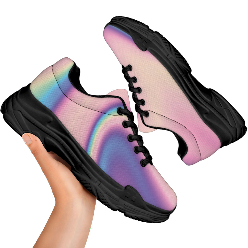 Pink And Teal Holographic Print Black Chunky Shoes