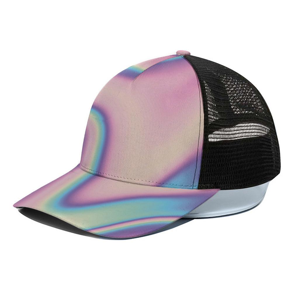 Pink And Teal Holographic Print Black Mesh Trucker Cap