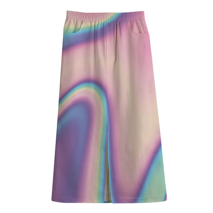 Pink And Teal Holographic Print Cotton Front Slit Maxi Skirt