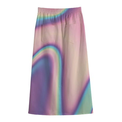 Pink And Teal Holographic Print Cotton Front Slit Maxi Skirt