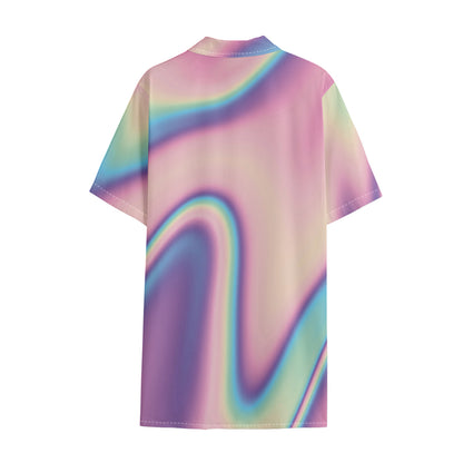 Pink And Teal Holographic Print Cotton Hawaiian Shirt