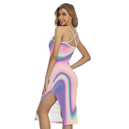 Pink And Teal Holographic Print Cross Back Cami Dress