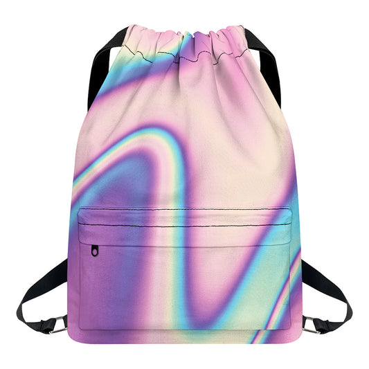 Pink And Teal Holographic Print Drawstring Backpack