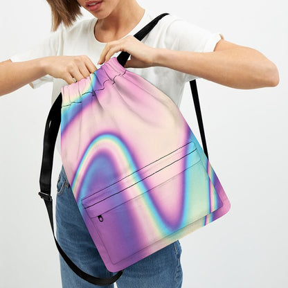 Pink And Teal Holographic Print Drawstring Backpack