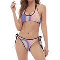 Pink And Teal Holographic Print Halter Scoop Tie Side Bikini