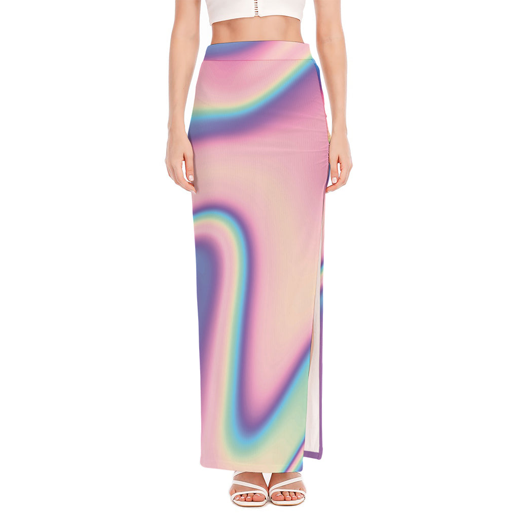 Pink And Teal Holographic Print High Slit Maxi Skirt