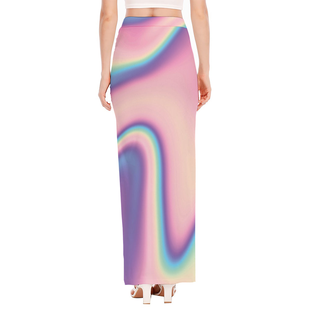 Pink And Teal Holographic Print High Slit Maxi Skirt