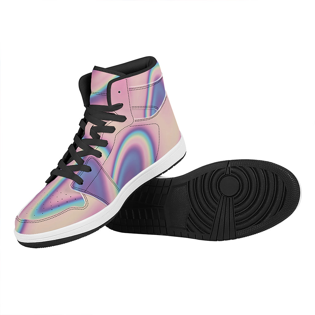 Pink And Teal Holographic Print High Top Leather Sneakers