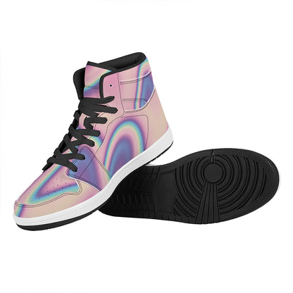 Pink And Teal Holographic Print High Top Leather Sneakers