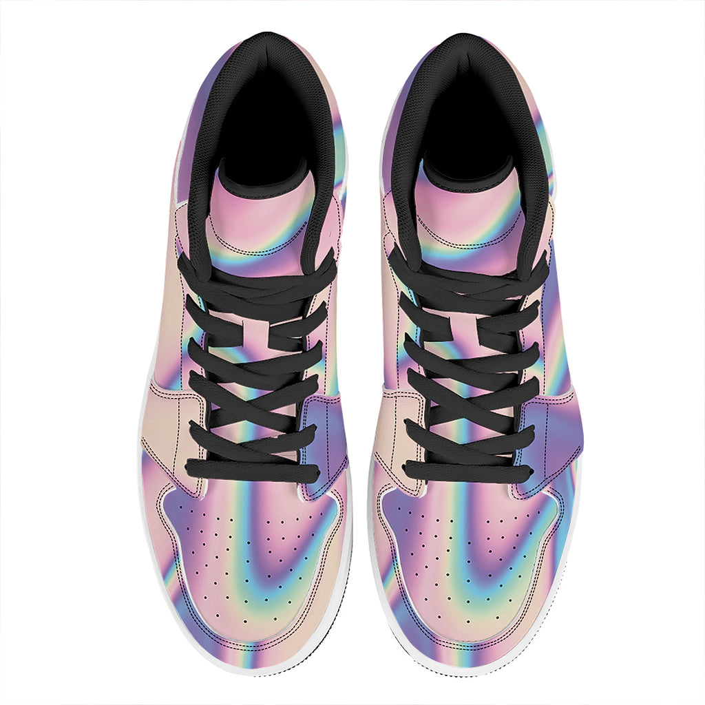 Pink And Teal Holographic Print High Top Leather Sneakers