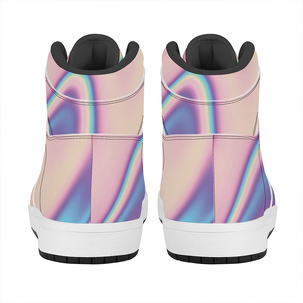Pink And Teal Holographic Print High Top Leather Sneakers