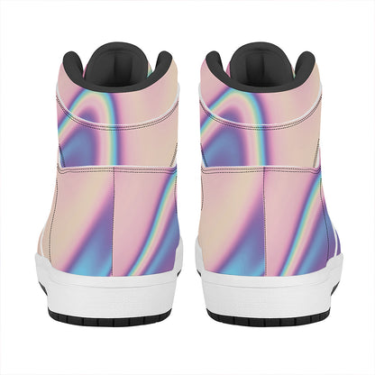 Pink And Teal Holographic Print High Top Leather Sneakers