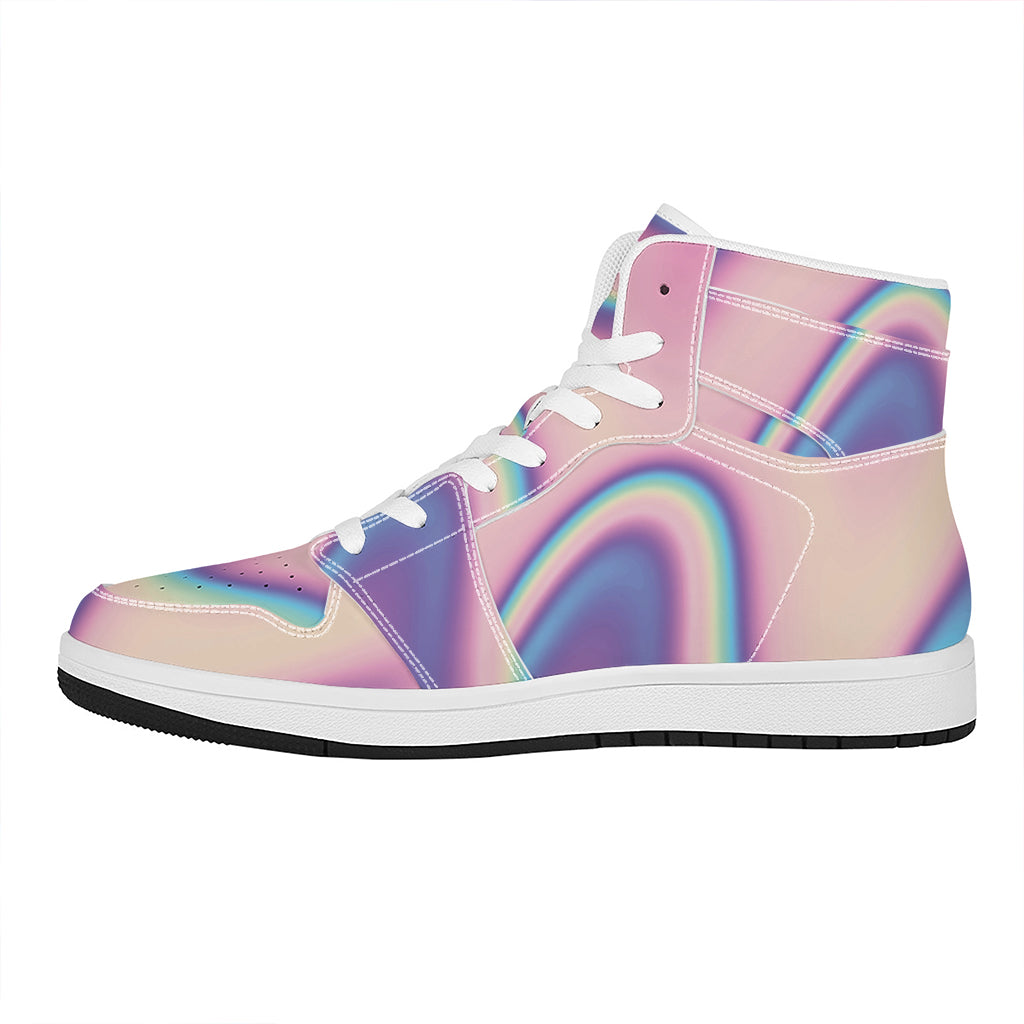 Pink And Teal Holographic Print High Top Leather Sneakers