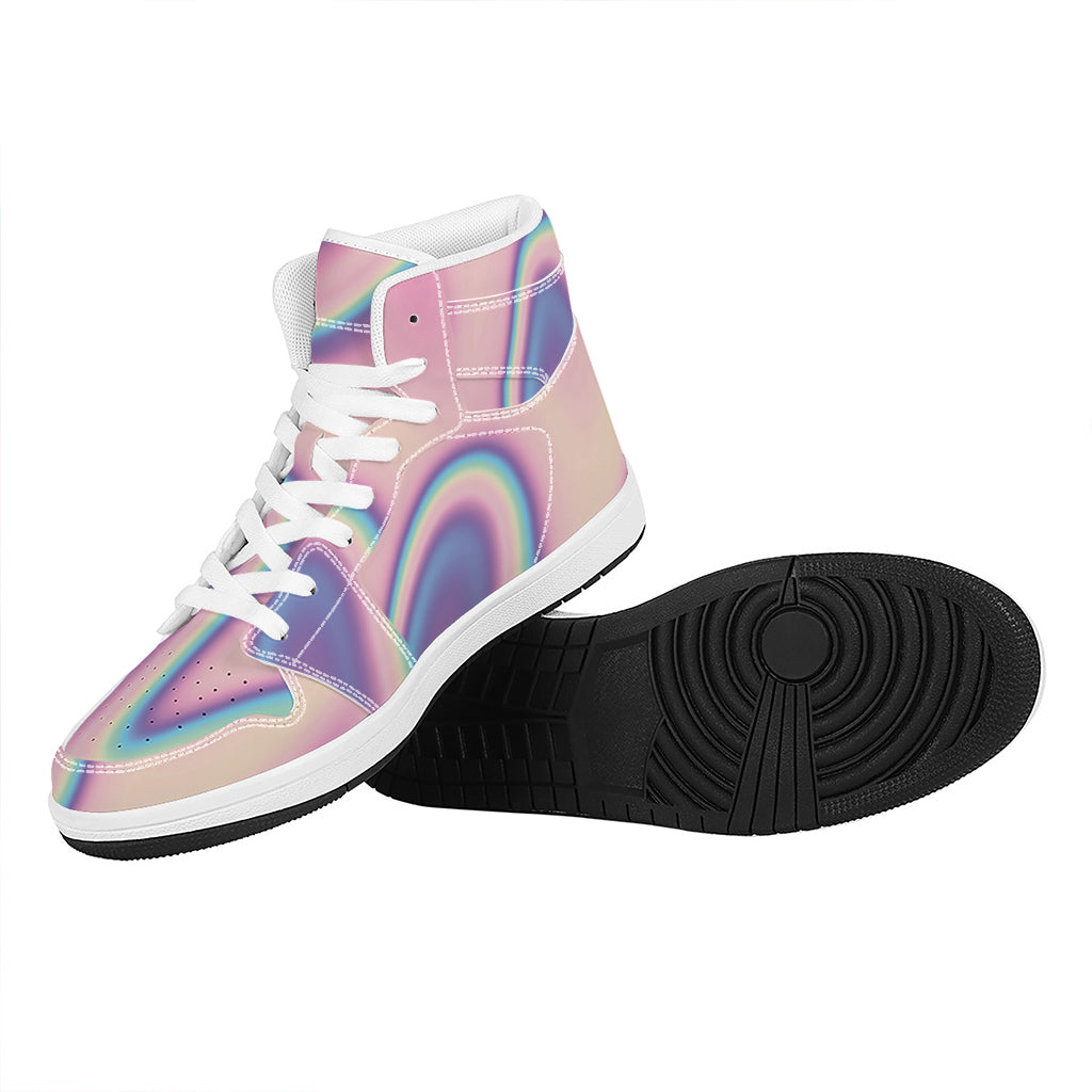 Pink And Teal Holographic Print High Top Leather Sneakers