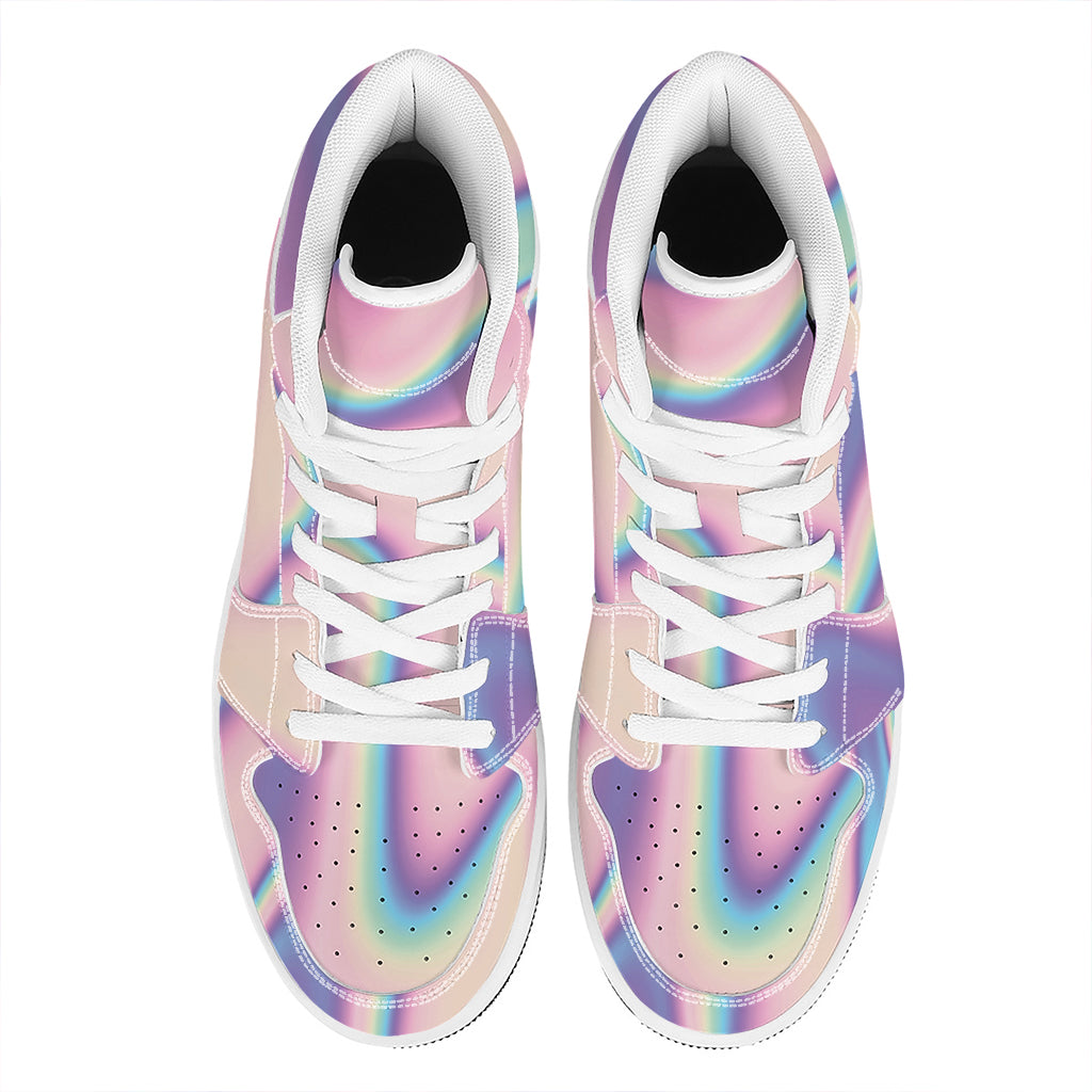 Pink And Teal Holographic Print High Top Leather Sneakers