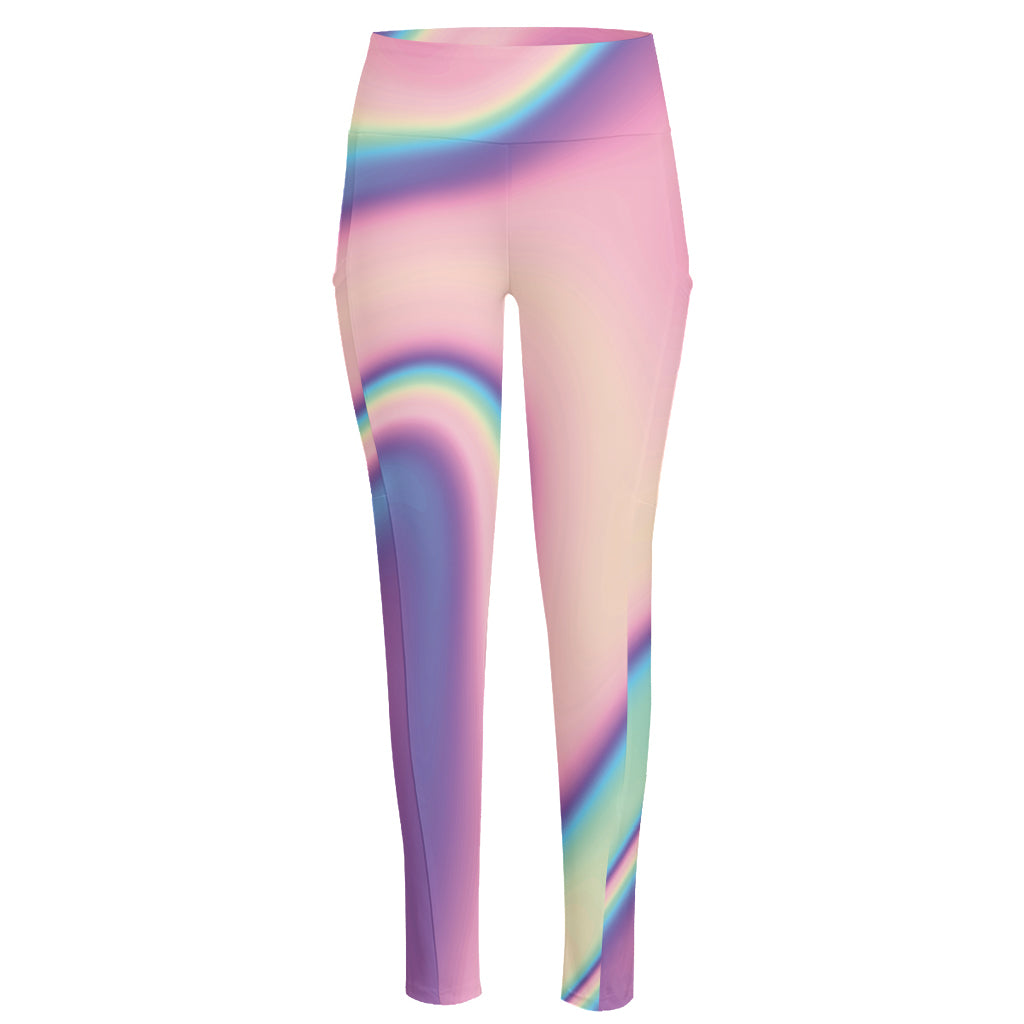 Pink And Teal Holographic Print High-Waisted Pocket Leggings