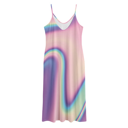 Pink And Teal Holographic Print Jersey Midi Cami Dress