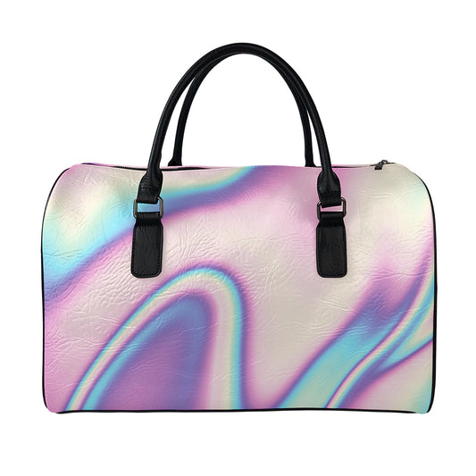 Pink And Teal Holographic Print Leather Duffle Bag