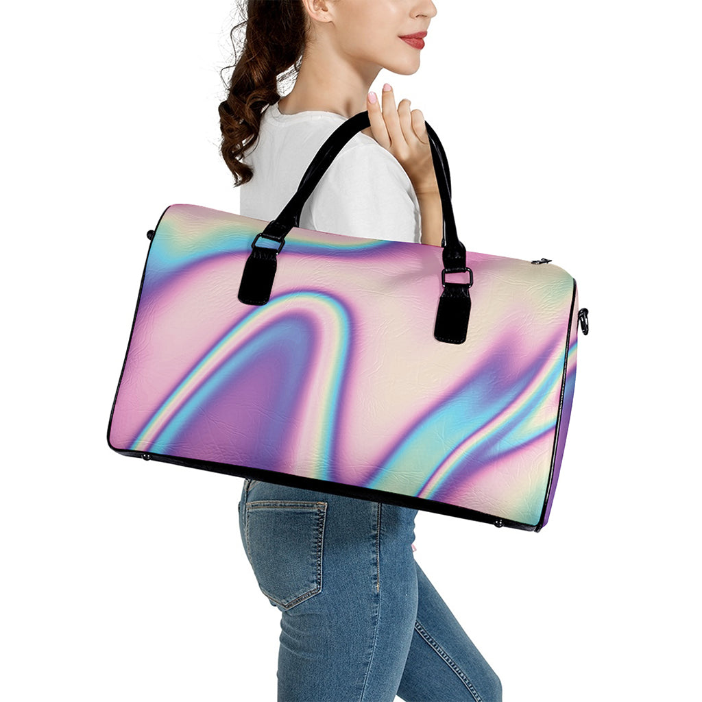 Pink And Teal Holographic Print Leather Duffle Bag