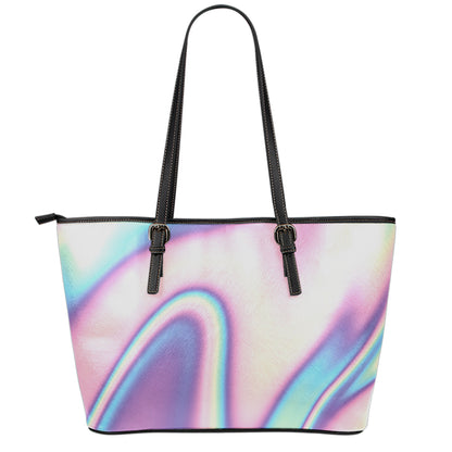 Pink And Teal Holographic Print Leather Tote Bag