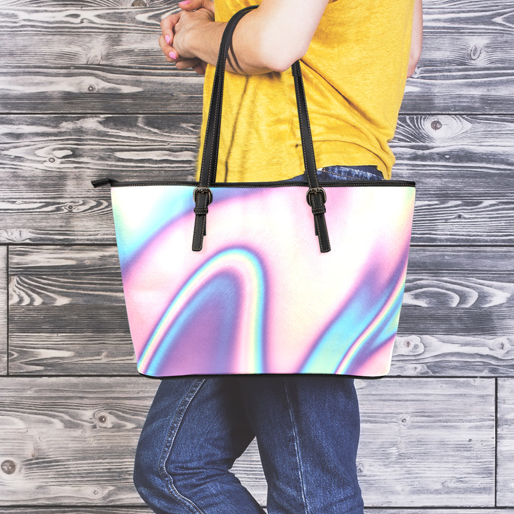 Pink And Teal Holographic Print Leather Tote Bag