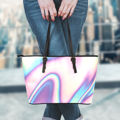Pink And Teal Holographic Print Leather Tote Bag