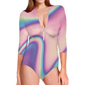 Pink And Teal Holographic Print Long Sleeve Swimsuit