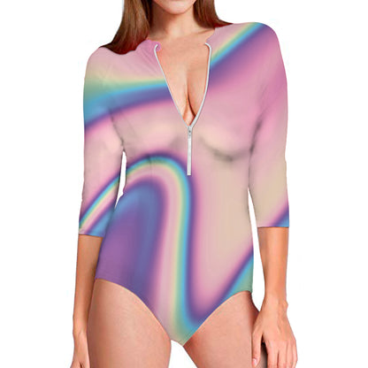 Pink And Teal Holographic Print Long Sleeve Swimsuit