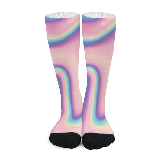 Pink And Teal Holographic Print Long Socks