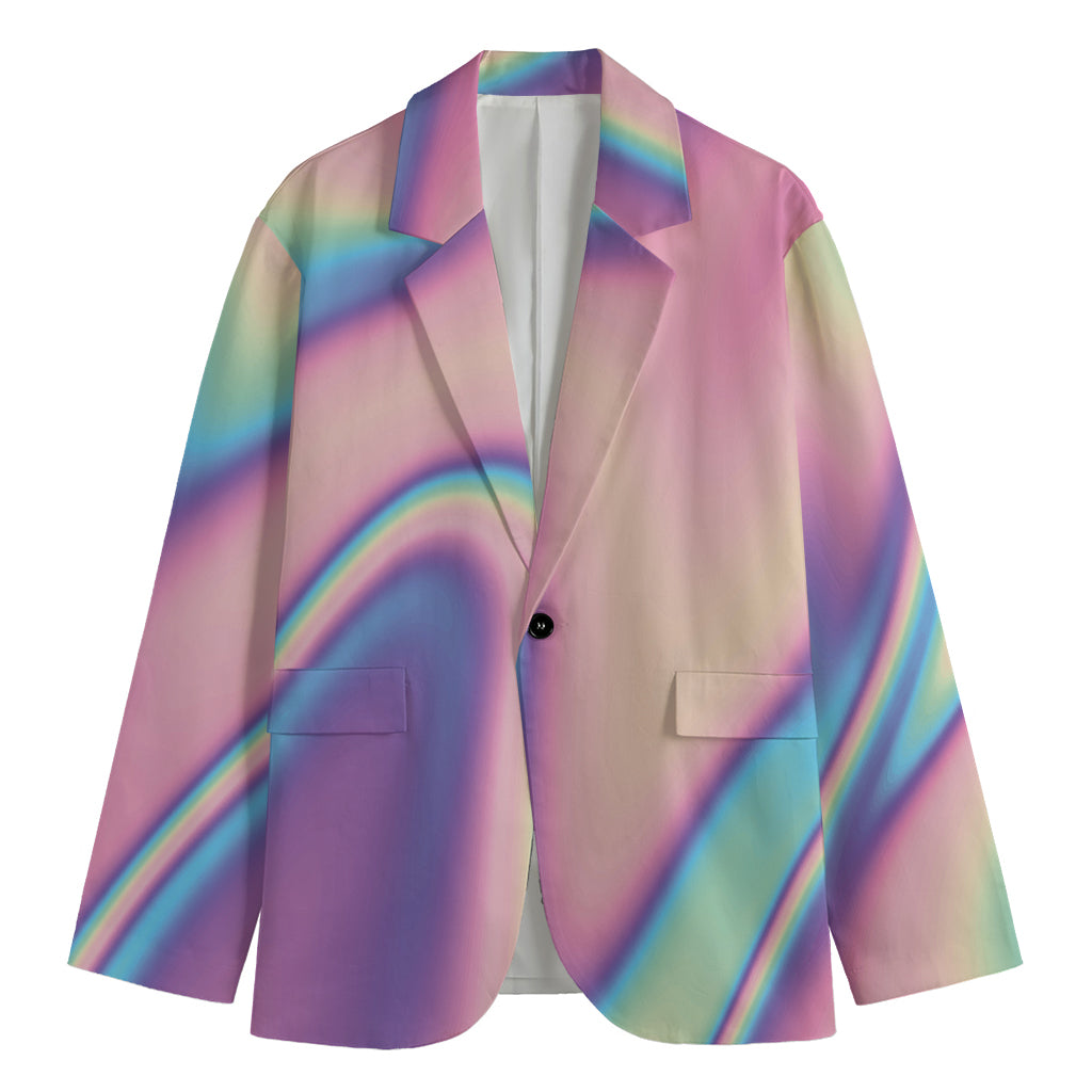 Pink And Teal Holographic Print Men's Cotton Blazer