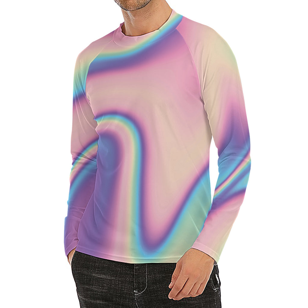 Pink And Teal Holographic Print Men's Long Sleeve Rash Guard
