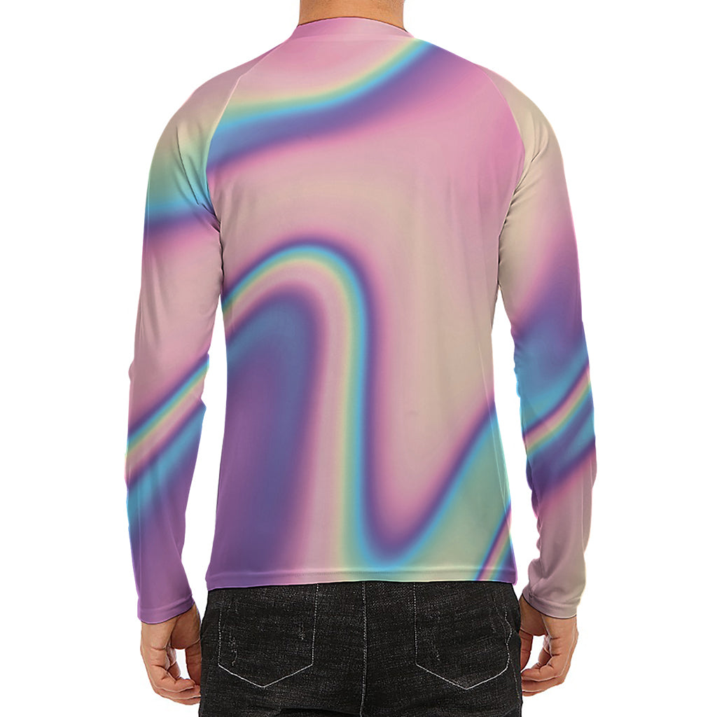 Pink And Teal Holographic Print Men's Long Sleeve Rash Guard
