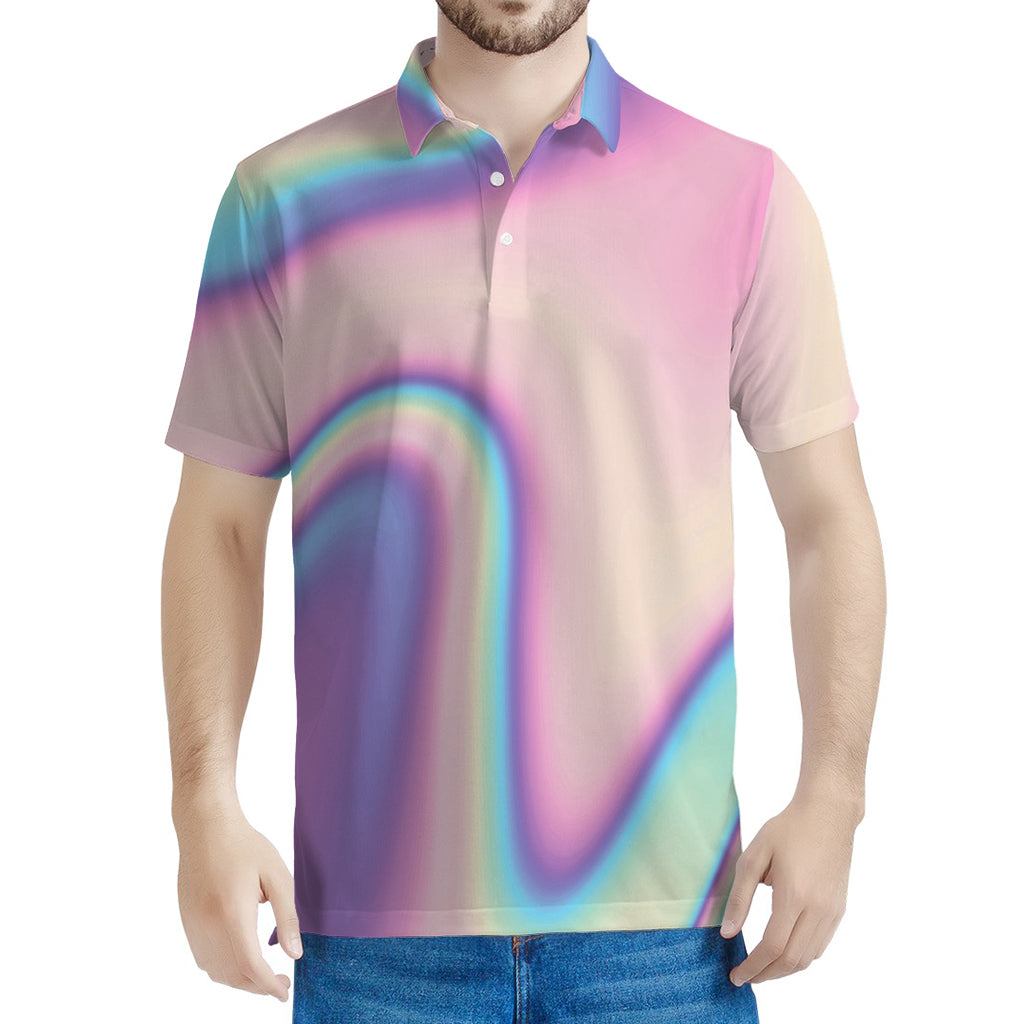 Pink And Teal Holographic Print Men's Polo Shirt