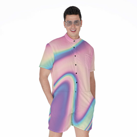 Pink And Teal Holographic Print Men's Rompers