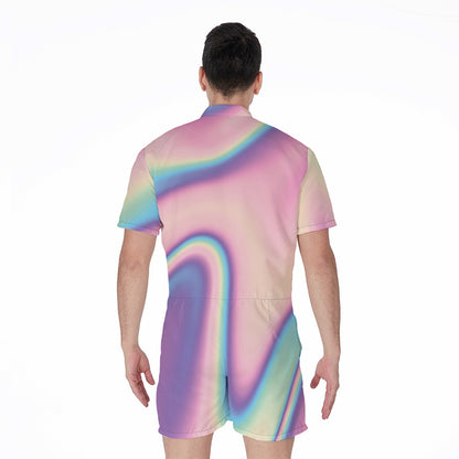 Pink And Teal Holographic Print Men's Rompers