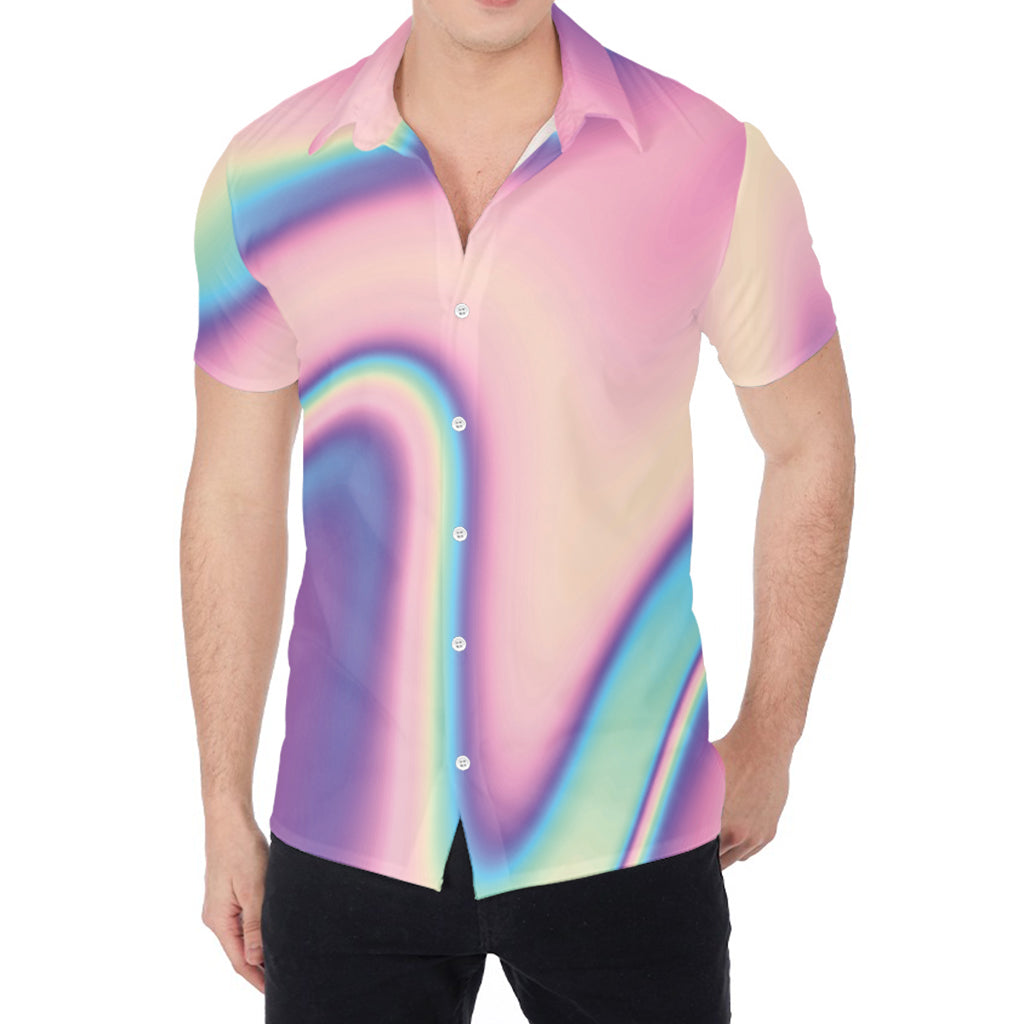 Pink And Teal Holographic Print Men's Shirt