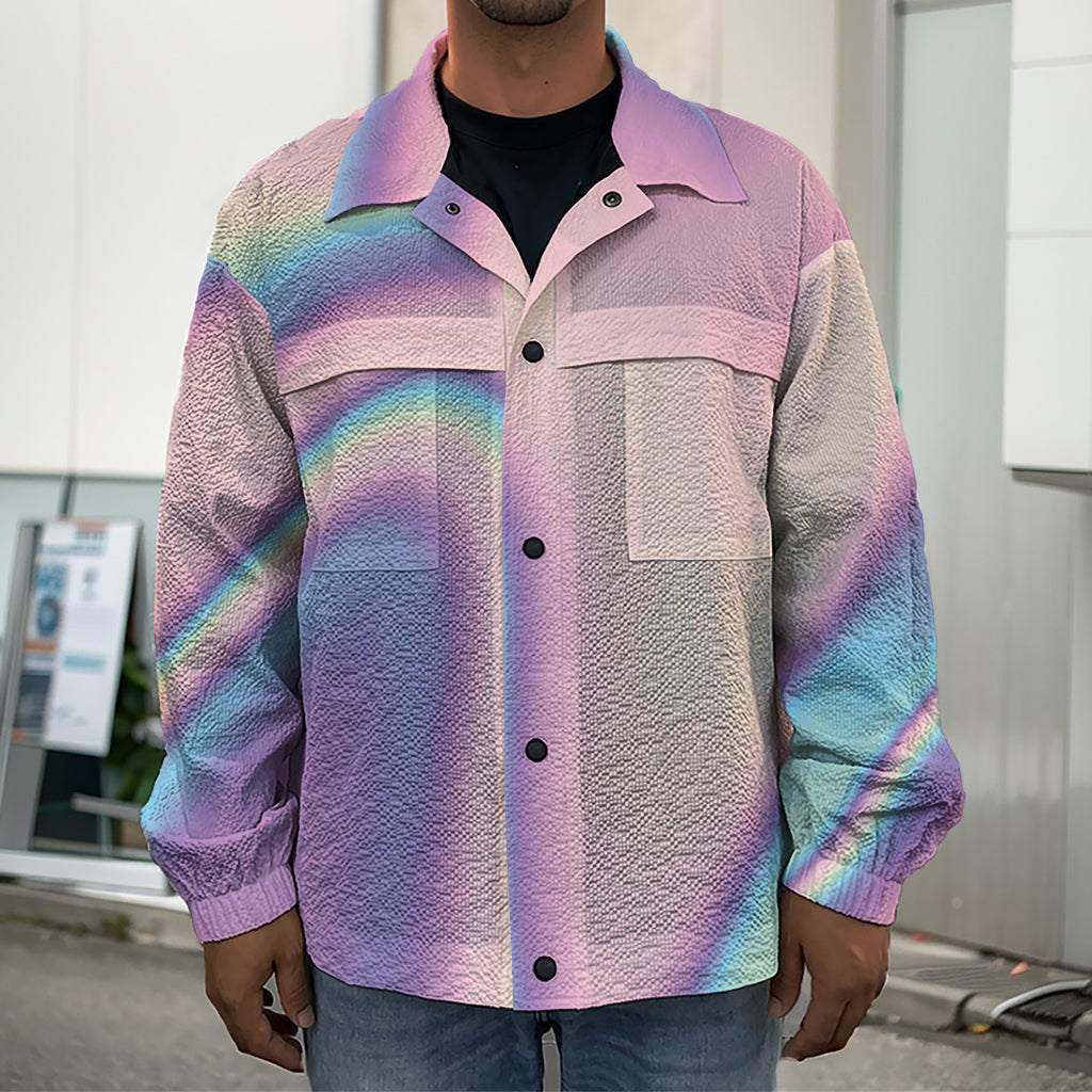 Pink And Teal Holographic Print Men's Shirt Jacket