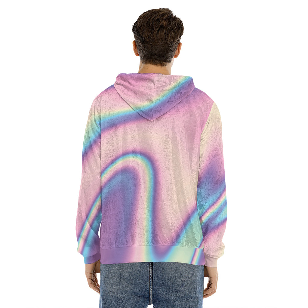 Pink And Teal Holographic Print Men's Velvet Pullover Hoodie