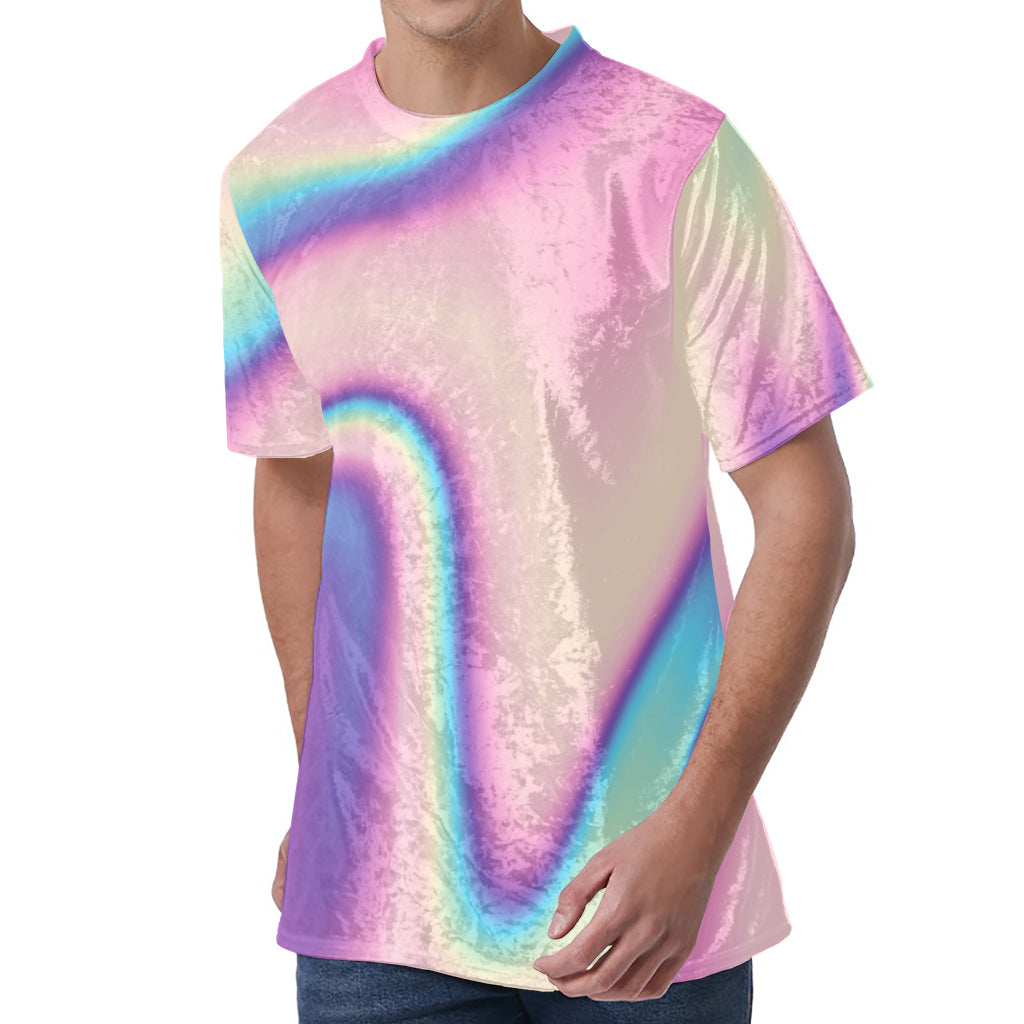 Pink And Teal Holographic Print Men's Velvet T-Shirt