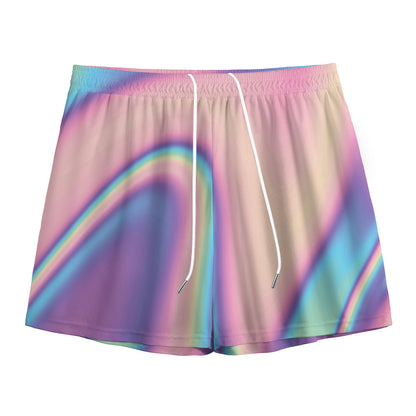 Pink And Teal Holographic Print Mesh Shorts