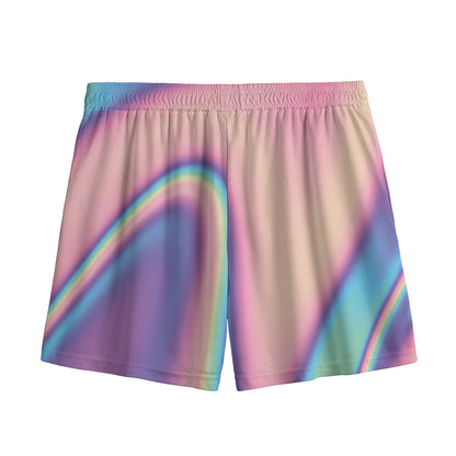 Pink And Teal Holographic Print Mesh Shorts