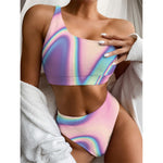 Pink And Teal Holographic Print One Shoulder Bikini Top