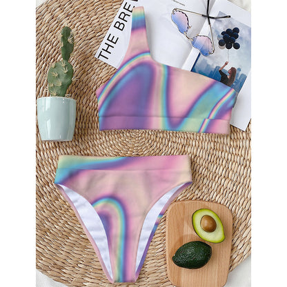 Pink And Teal Holographic Print One Shoulder Bikini Top