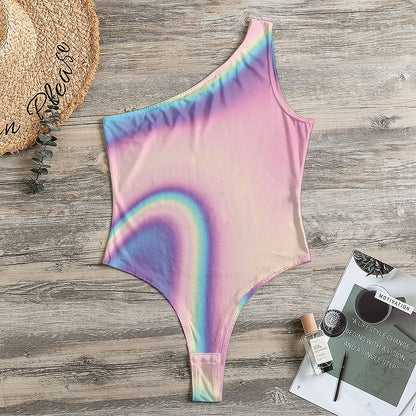 Pink And Teal Holographic Print One Shoulder Bodysuit