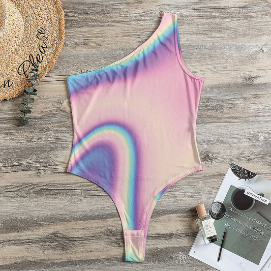 Pink And Teal Holographic Print One Shoulder Bodysuit