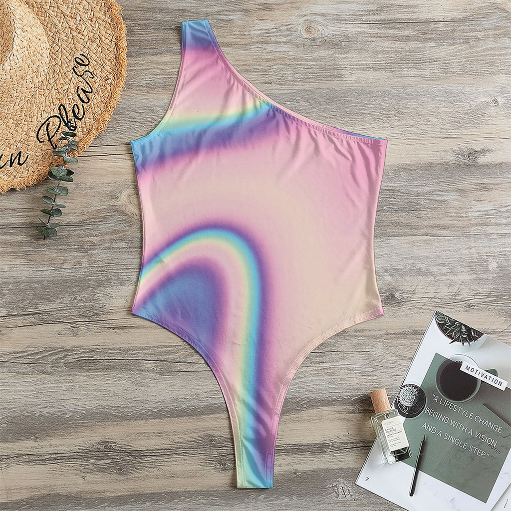 Pink And Teal Holographic Print One Shoulder Bodysuit