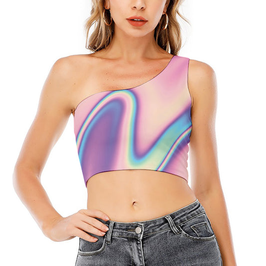 Pink And Teal Holographic Print One Shoulder Crop Top