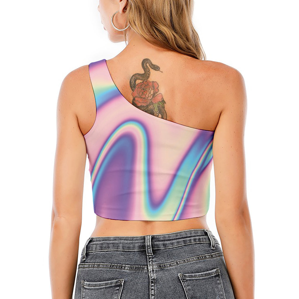 Pink And Teal Holographic Print One Shoulder Crop Top