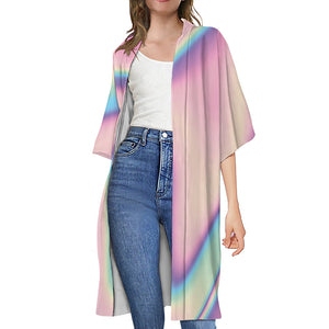 Pink And Teal Holographic Print Open Front Beach Cover Up