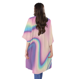 Pink And Teal Holographic Print Open Front Beach Cover Up